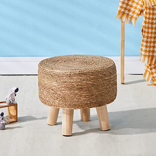 Cpintltr Foot Stool Natural Seagrass Hand Weave Poufs Round Ottoman for Couch Desk Soft Step Stool Padded Foot Rest with Non-Skid Pine Legs for Hallway Office Lounge Natural - color: Natural