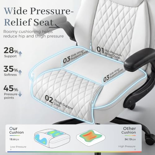 GTPOFFICE Executive Office Chair with Comfortable Lumbar Support, Ergonomic Gaming Chair with Flip-up Armrests & Zoned Pressure-Relief Cushion, Comfy PU Leather Desk Chair, White - color: White