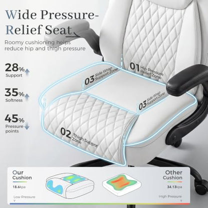 GTPOFFICE Executive Office Chair with Comfortable Lumbar Support, Ergonomic Gaming Chair with Flip-up Armrests & Zoned Pressure-Relief Cushion, Comfy PU Leather Desk Chair, White - color: White