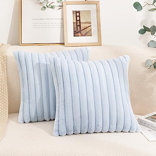 Uhomy Set of 2 Faux Fur Plush Decorative Throw Pillow Covers Fuzzy Striped Soft Pillowcase Cushion Covers for Living Room Sofa Couch Bedroom, 22x22 inch 55x55 Cm Lake Blue - color: Lake Blue, size: 22" x 22" (Pack of 2)