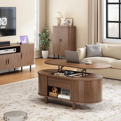 43.3" Oval Lift Top Fluted Coffee Table with Sliding Door, Walnut | Mid-Century Modern Fluted Coffee Table with Lift Tabletop & Multi-Storage Spaces, Dining Table for Living Room, Home Office - color: Walnut