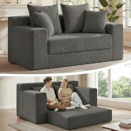 3-in-1 Convertible Sofa Bed,Boneless Loveseat Sleeper & Folding Couch Bed with 4 Pillows & Detachable Cushion for Bedroom, Small Space, Guest and Living Room, Corduroy Futon, No Assembly - color: E-grey, size: Loveseat Sofa