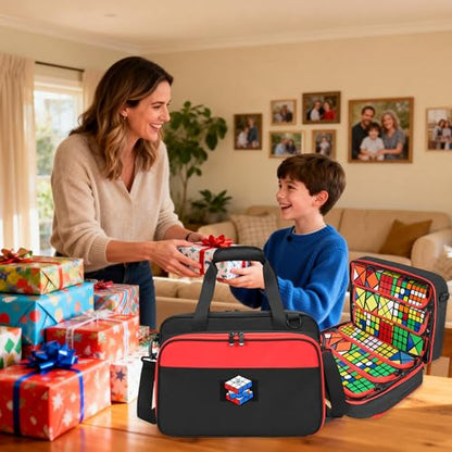 Speed Cube Case Holds 30+ Cubes and Timer with Shoulder Strap | Puzzle Cube Storage Bag with 6 Clear PVC Pockets, Front Organizer, D-Ring, Handles and Detachable Shoulder Strap, Black