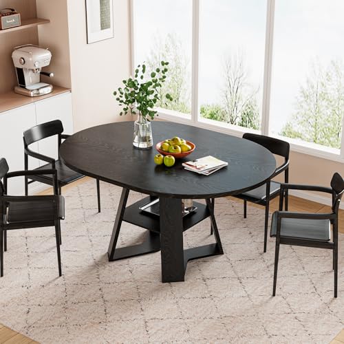 43.3"-59" Extendable Round Oval Dining Table for 4-8 with Storage Shelf | Modern Kitchen Oval Dining Table with Removable Leaves,Space Saving Extendable Table Wood Base for Kitchen Living Room - color: Black Style 3