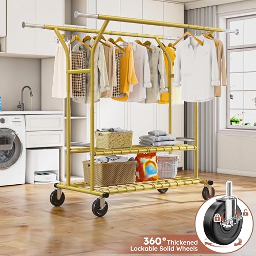 Raybee 74" W Clothes Rack 630 LBS Heavy Duty Double Rods Adjustable Size | 2 Shelves 2 Rods, Industrial Stainless Steel, 360°Lockable Wheels, 15-Min Tool-free Assembly, Bedroom Closet Living Room - color: Gold