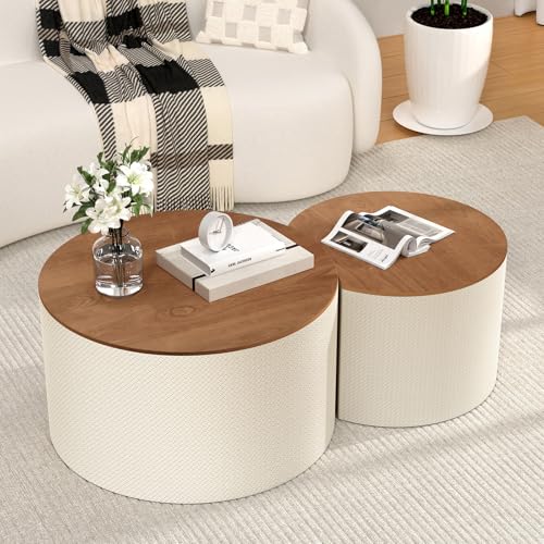 Nesting Coffee Table Set of 2, Round, White | Hidden Storage, Leather Wrapped, Stackable End Tables, No Assembly Required, For Small Space Living Room Apartment - color: White