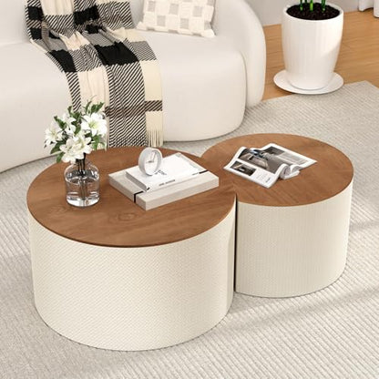 Nesting Coffee Table Set of 2, Round, White | Hidden Storage, Leather Wrapped, Stackable End Tables, No Assembly Required, For Small Space Living Room Apartment - color: White