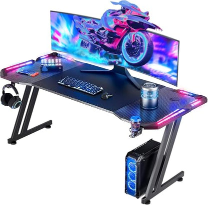 HLDIRECT 63 Inch Gaming Desk with LED Lights, Large Rgb Computer Gaming Desk Table with Cup Holder Headphone Hook Mouse Pad, Ergonomic Modern Carbon Fiber Mesa Gamer Pc Work Home Office Desks, Black | Ergonomic Gamer Desk for Home Office, Large PC Table w