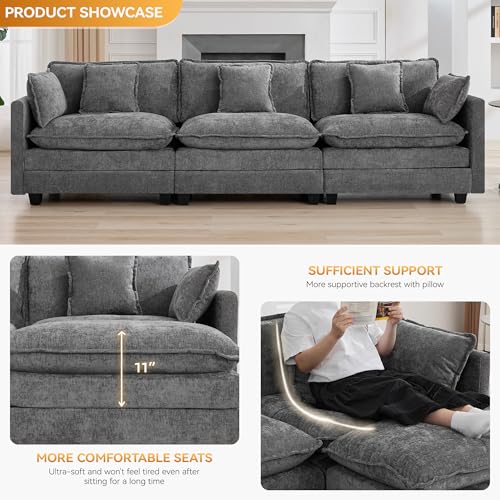 111'' Sectional Cloud Deep Seat Couch, Modern Comfy Chenille Modular Sectional Sofa for Living Room Set, Upholstered Modular 3-Seats Sofa Couch, Grey - color: Grey, size: 111'' 3 Seats