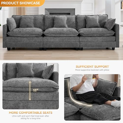 111'' Sectional Cloud Deep Seat Couch, Modern Comfy Chenille Modular Sectional Sofa for Living Room Set, Upholstered Modular 3-Seats Sofa Couch, Grey - color: Grey, size: 111'' 3 Seats
