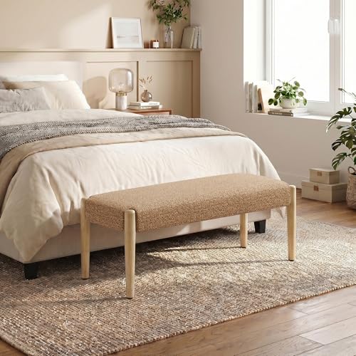 Usaint 42" End of Bed Bench with Wood Legs, Orange with Oak Leg | Modern Upholstered Bedroom Bench with Rubberwood Legs, Entryway Bench with Cushion, Dining Bench for Living Room, Bedroom - color: Orange With Oak Leg