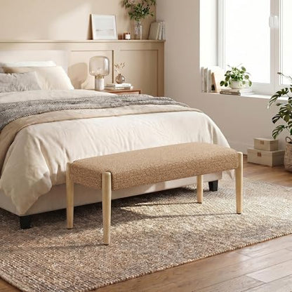 Usaint 42" End of Bed Bench with Wood Legs, Orange with Oak Leg | Modern Upholstered Bedroom Bench with Rubberwood Legs, Entryway Bench with Cushion, Dining Bench for Living Room, Bedroom - color: Orange With Oak Leg