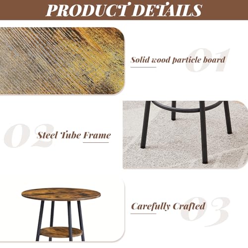 23.62” Diameter Round Bar Table Set for 2 with Storage Shelf, Counter Height Pub Table and Upholstered Bar Stools with Backrest, Small Round Kitchen Table for Small Spaces, Breakfast Nook Dining Table - color: Rustic Brown, style: Round w/ Upholstered Sto