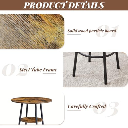 23.62” Diameter Round Bar Table Set for 2 with Storage Shelf, Counter Height Pub Table and Upholstered Bar Stools with Backrest, Small Round Kitchen Table for Small Spaces, Breakfast Nook Dining Table - color: Rustic Brown, style: Round w/ Upholstered Sto