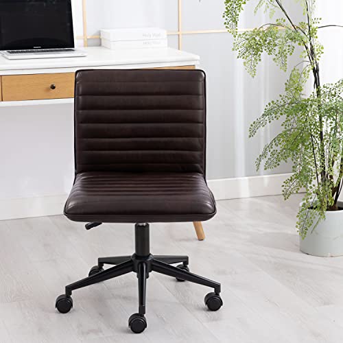 Furnimart Armless Swivel Rolling Desk Chair, Adjustable Faux Leather Vanity Chair with Gold Legs, Cute Task Chair with Wheels for Living Room Bedroom Studying Small Places (Black/Brown) - color: Leather-blackbrown