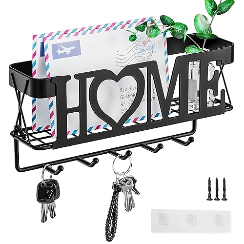 Key Holder for Wall - Key Rack with 5 Key Hooks, 11.02" L×2.75" W×4.92" H, Key and Mail Organizer Wall Mount with Mesh Basket, Key Hanger for Wall, Entryway, Home Decor(Matte Black) - color: Black