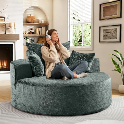 55" Oversized Round Chaise Longue Chair Indoor, Upholstered Chenille Circle Single Cloud Reading Sofa Chair Deep Seat Modern Boneless Sleeper Couch No Assembly Required, Green - color: Green, style: 55"Chenille