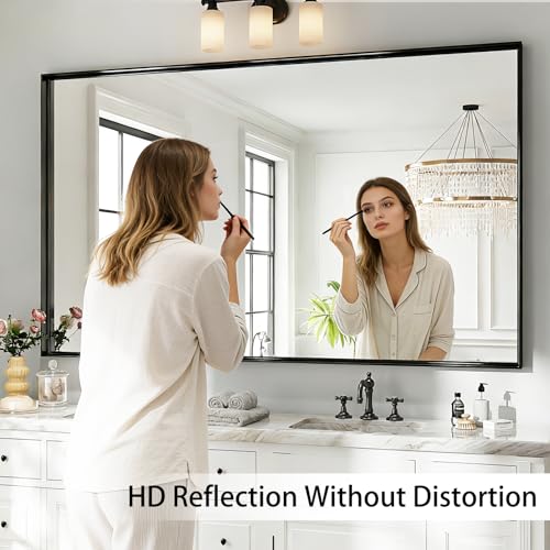 60x36 Black Bathroom Mirrors for Over Sink, Wall Mounted Bathroom Vanity Mirror, HD Distortion-Free Tempered Glass, Anti-Rust Brushed Matte Aluminum Alloy Frame, Horizontal or Vertical Hanging - size: 60"L x 36"W
