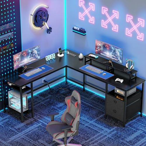Furologee 66 Inch L Shaped Desk with 2 Drawers and Power Outlet, Black | Reversible Computer Home Office Desk, 2 Monitor Stands, Fabric File Cabinet, Storage Shelves for Corner Gaming Working Table - color: Black, size: 66 Inch
