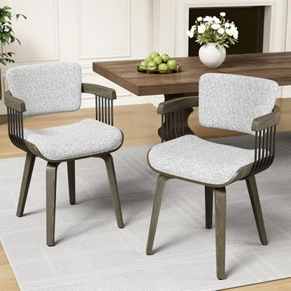 Dining Chairs with Armrest, Set of 2, Mid-Century Modern Kitchen Chair | with Wood Legs, Upholstered Fabric for Dining Room, Kitchen, Restaurant, Cafe, Grey - color: Grey