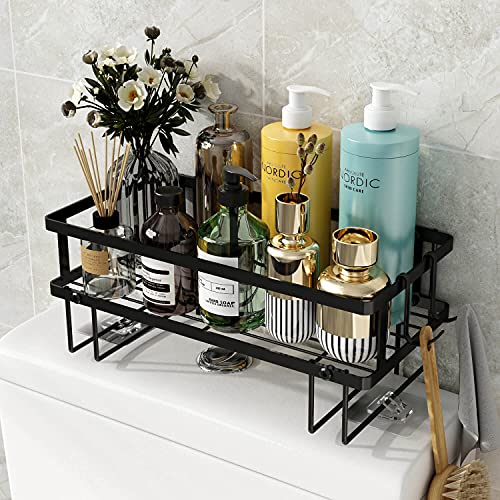 1-Tier Over Toilet Storage - Wall-Mount Bathroom Shelf with 2 Hook | Bathroom Organizers and Storage Cabinet, Behind/Above/On/Top/Back Tank Shelves, Decor for Bathroom/Restroom/Kitchen/Bedroom - color: Black, size: 1-Tier
