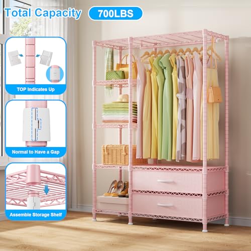F3 Heavy Duty Clothes Rack（With Fabric Drawers）Freestanding Clothing Racks for Hanging Clothes，Adjustable Closet Organizer System，Portable Garment Rack 40" W x 15" D x 72" H，Max Load 700LBS，Pink - color: Pink, style: Freestanding