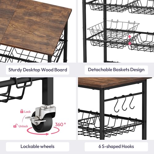 SWTYMIKI 24.4''x15.7'' Rolling Microwave Cart - 4 Tier Microwave Table Stand with 6 Storage Baskets, Coffee Bar with Wheels, Kitchen Utility Cart Shelf Rack Organizer for Vegetables, Potato, Brown - color: Brown