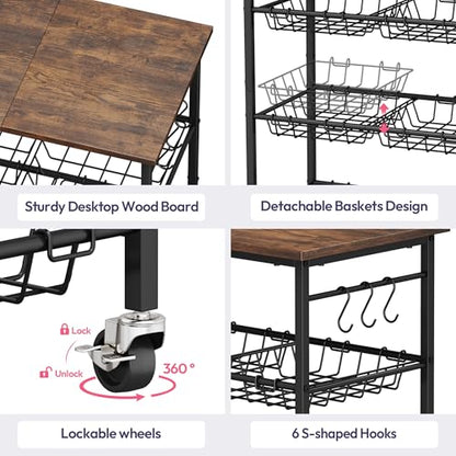 SWTYMIKI 24.4''x15.7'' Rolling Microwave Cart - 4 Tier Microwave Table Stand with 6 Storage Baskets, Coffee Bar with Wheels, Kitchen Utility Cart Shelf Rack Organizer for Vegetables, Potato, Brown - color: Brown