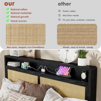 Garvee Full Wooden Rattan Bed Frame Bohemian with Storage and LED Lights | Cane Headboard with Charging Station, Wooden Slats, Noise-free, No Box Spring. Country Farmhouse Bed Frames Black - color: Black, size: Full