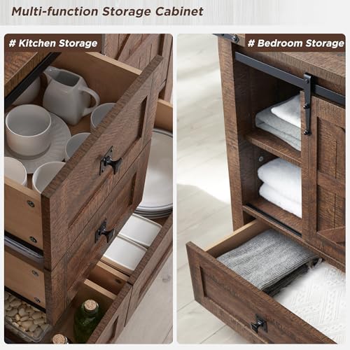 T4TREAM 48" Wide Farmhouse Sideboard Buffet Cabinet, Reclaimed Barnwood | 31.2" Tall Kitchen Cabinet with Storage, 2 Sliding Barn Doors, 4 Drawers, Rustic Wood, Coffee Bar Table, Dining Room - color: Reclaimed Barnwood Color