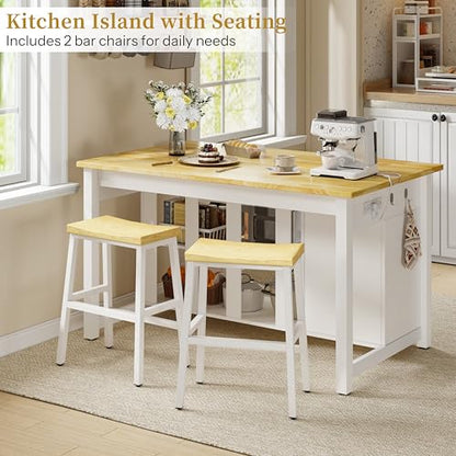 Kitchen Island with Storage and Seating Include 2 Bar Stools, Drawers,White | 47" Solid Rubberwood Top Kitchen Island with Trash Can Storage, Power Outlet, 6 Hooks, Coffee Bar Cabinet, Dining Table for 2 - color: White
