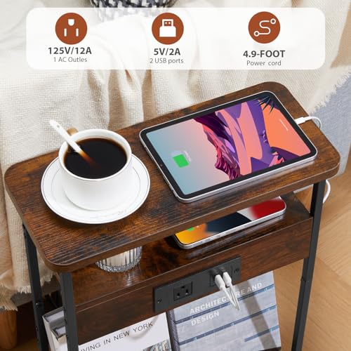 Narrow Side Table With Charging Station, 3-Tier End Table with 2 USB Ports & Power Outlets,Thin Sofa Side Table for Narrow and Small Spaces, Bedside Table Nightstand for Living Room,Rustic Brown - color: Rustic Brown