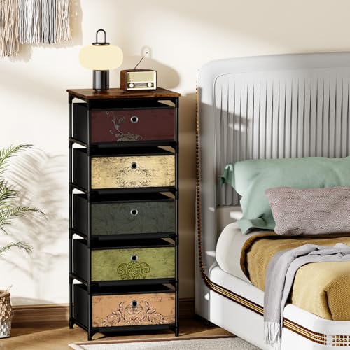 VASICAR Storage Unit with 5 Drawers, Fabric Nightstand, Wood Top | Clothes Organizer, Craft Storage Chest, Small Pattern Dresser for Bedroom, Closet, Nursery, Dorm - size: 11.8"D x 15.8"W x 37.8"H (5 Drawers)