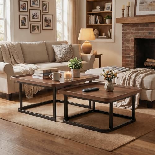 Nesting Coffee Table Set of 2 – Square Small Coffee Tables for Living Room, Bedroom, Balcony, Versatile End Table Set,Space Saving Mid Century Modern Nesting Coffee Tables Stackable, - color: Walnut