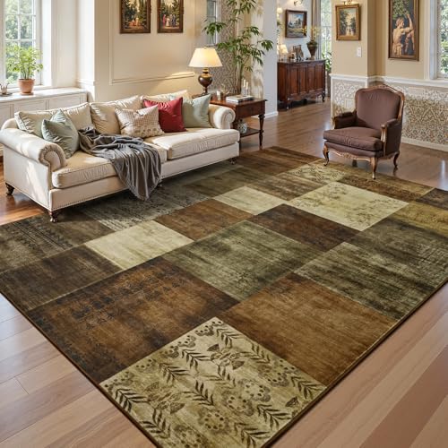 Washable Area Rugs 5x7 for Living Room, Modern Geometric Brown Soft Patchwork Carpet, Non-Slip Stain Resistant Throw Rug for Bedroom Dining Room Office Home Decor - color: Brown, size: 5 Ft X 7 Ft