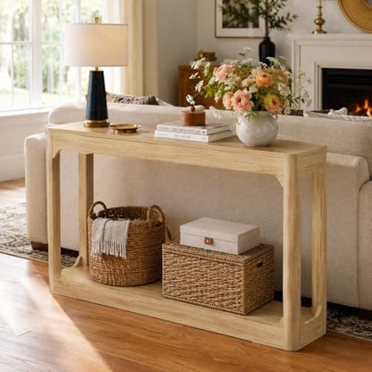 55.1" Console Table, Entryway Sofa Table for Hallway, Natural | Engineered wood, Slim console table, curved legs, 2-tier storage, entryway hallway sofa living room - color: Natural