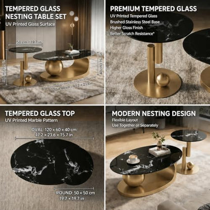 FT Global 2-Piece Nesting Coffee Table Set, 47.2-Inch Oval Coffee Table with 19.7-Inch Round End Table, Black UV-Printed Tempered Glass Tops, Brushed Gold Stainless Steel Bases