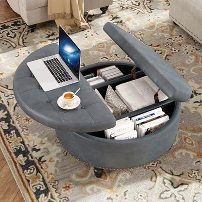 FiveWillowise 30 Inch Large Round Ottoman with Storage Circular,Gray Grey | Leather Coffee Table with Lift Top,Modern Upholstered Button Tufted Footrest Stool Solid Wood Legs for Living Room,Bedroom - color: Grey