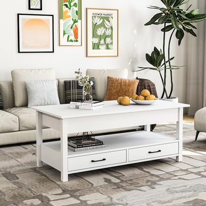 Panana Coffee Table, Lift Top Coffee Table with Hidden Compartment, 2 Drawers and 1 Open Shelf, Retro Central Wooden Table Lift Tabletop for Living Room (White) - color: White