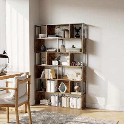 IDEALHOUSE 6-Tier Bookshelf, Tall Geometric Bookcase, Modern Room Divider & Display Shelf with Anti-Tipping Devices, Mid Century Bookshelf for Living Room - color: Brown
