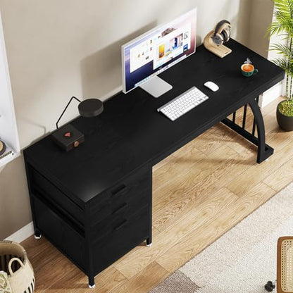Tribesigns Computer Desk with 3 Drawers, 59-Inch PC Desk with Reversible Drawers, Industrial Study Writing Table Workstation with File Storage for Home Office (Black) - color: Black