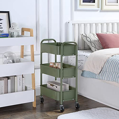 SunnyPoint 3-Tier Delicate Compact Rolling Metal Storage Organizer - Mobile Utility Cart Kitchen/Under Desk Cart with Caster Wheels - Army (15.35" X 10.24" X 26.8"H) - color: Army