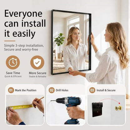 40x30 Black Bathroom Mirrors for Over Sink, Wall Mounted Bathroom Vanity Mirror, HD Distortion-Free Tempered Glass, Anti-Rust Brushed Matte Aluminum Alloy Frame, Horizontal or Vertical Hanging - size: 40"L x 30"W