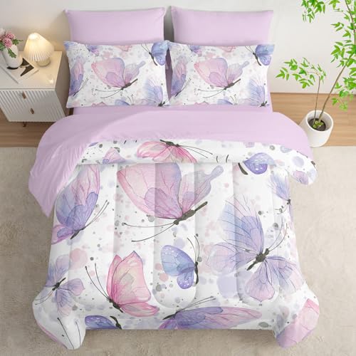7Pcs Comforter Set Butterflies Printed Bedding Set with 1 Comforter, 1 Flat Sheet, 1 Fitted Sheet and 4 Pillowcases for Boys and Girls Bedroom All Season(Butterflies-2 Twin) - color: Butterflies-2, size: Twin 68x86inches