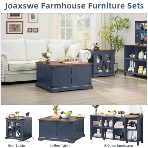 Joaxswe Farmhouse Coffee Table with Large Hidden Storage Compartment, Navy Blue Square Center Table, Wood Rustic Low Modern Living Room Tables with Hinged Lift Brown Top & Wooden Arc Base - color: Blue, style: With Base