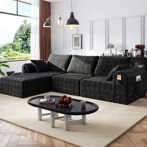 106" Boneless Couches for Living Room, Modular Sectional Sofa, L-Shape Sofa Couches,Cloud Couch Sectional, Comfy Corduroy Sofa, with Deep Seat, No Assembly Required (Black, 3 Seater + 1 Ottoman) - color: Black, size: 3 Seater + 1 Ottoman