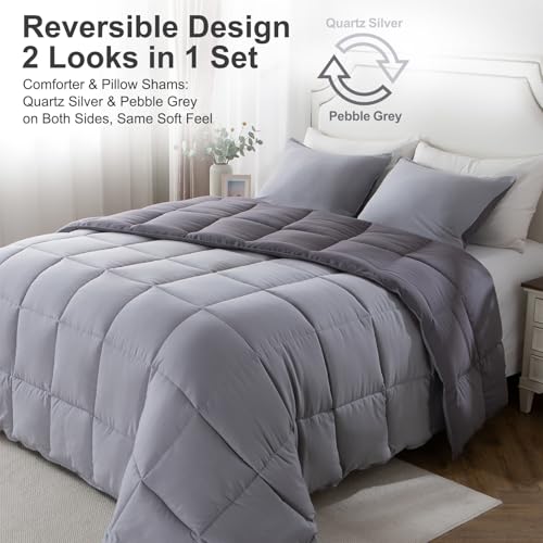KASENTEX Queen Comforter Set – Reversible Dual Color – Goose Down Alternative – Ultra-Soft, Lightweight, Machine Washable, Maintain Fluffiness, All Season Warmth (Quartz Silver/Pebble Grey) | 250 GSM Fill, Ultra-Soft, Lightweight, Machine Washable, 1 Comf
