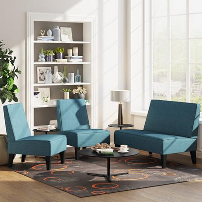 Armless Accent Chairs Set of 2, Blue Upholstered Linen Slipper Chair with Solid Wood Legs, Mid Century Modern Side Chairs for Small Living Room Bedroom Apartment Reading Nook - color: Blue