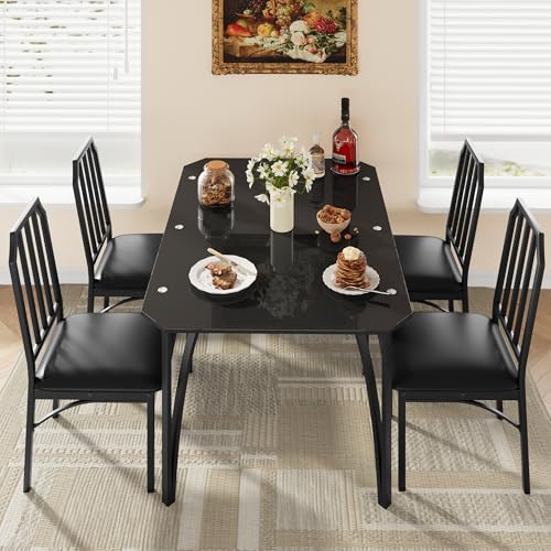 IDEALHOUSE Dining Table Set for 4, Kitchen Table Set of 4 with Upholstered Cushion Chairs, Dining Room Table Set for 4 with Kitchen Chairs, Easy to Assemble, Suitable for Apartment - (Glass Dark) - size: 1* Table + 4* Chairs (Glass Dark)