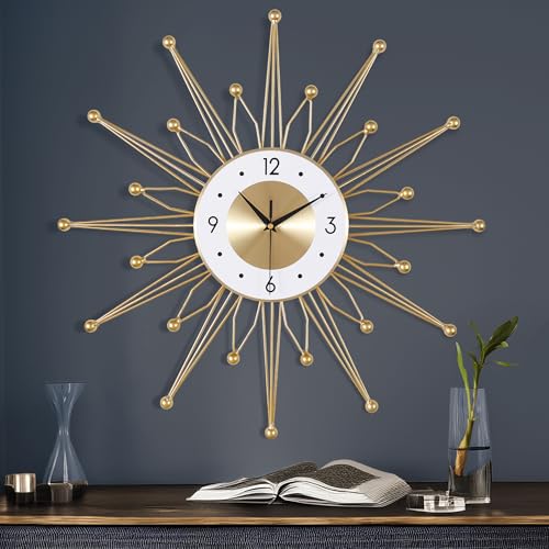 Lafocuse 23 inch Metal Large Gold Starburst Wall Clock Mid Century Art Deco | Silent Non Ticking, Battery Operated, Unique Modern Sunburst Decorative Wall Clock for Living Room Kitchen Bedroom Home Decor